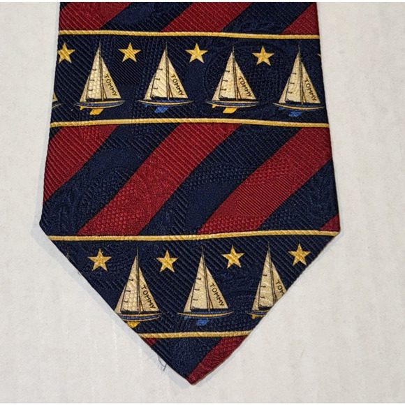 Tommy Hilfiger Nautical Tie Red Navy Sailboats Italian Silk Made in USA REPP - Picture 2 of 7